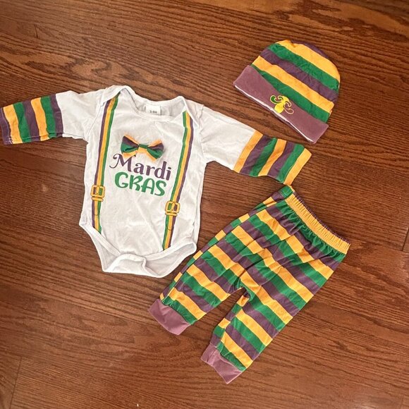 Baby Boy Mardi Gras Set Long Sleeve Bow Bodysuit Pants Hat Size 3-6 Months - Picture 10 of 13
